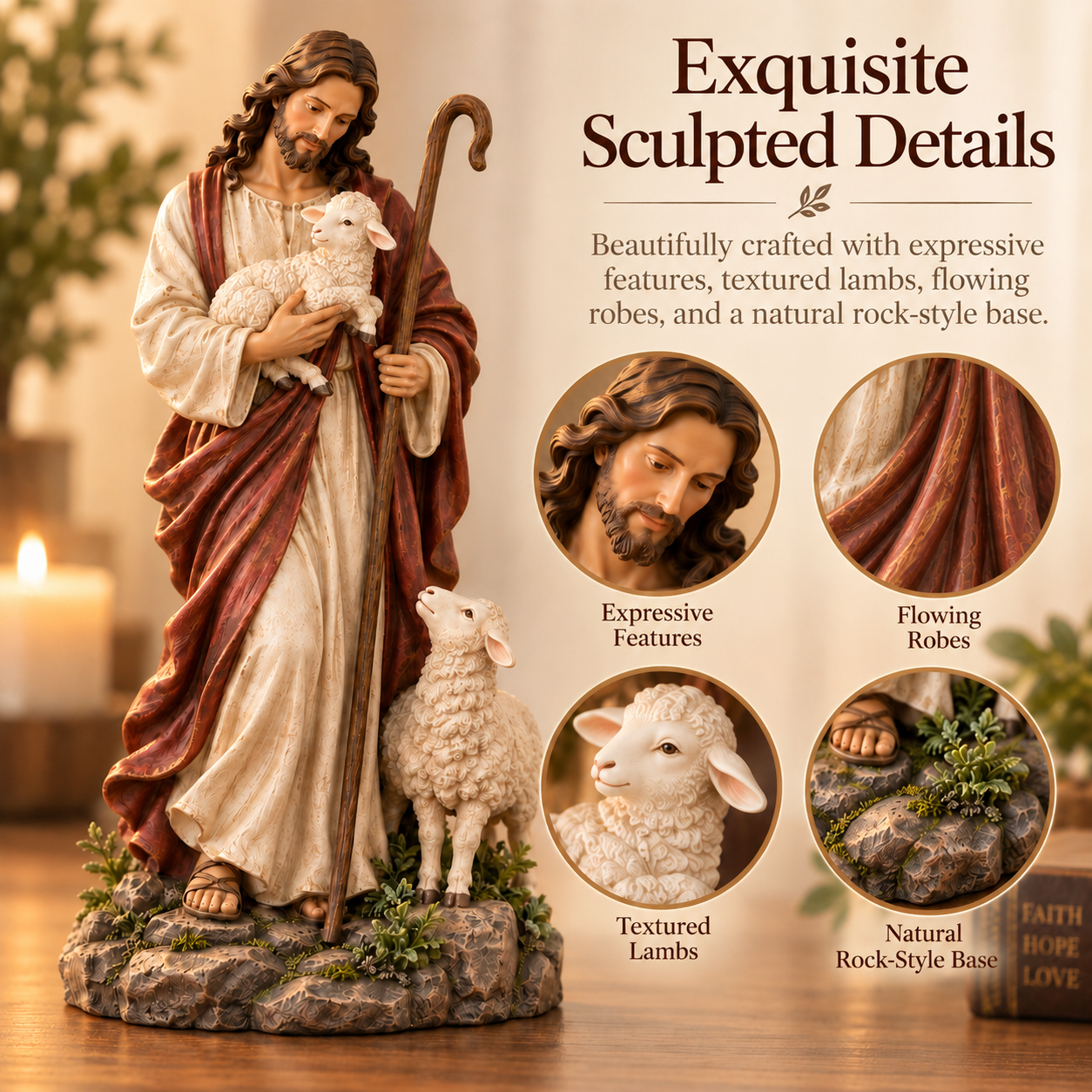 Jesus Good Shepherd Resin Figurine with Lambs✨