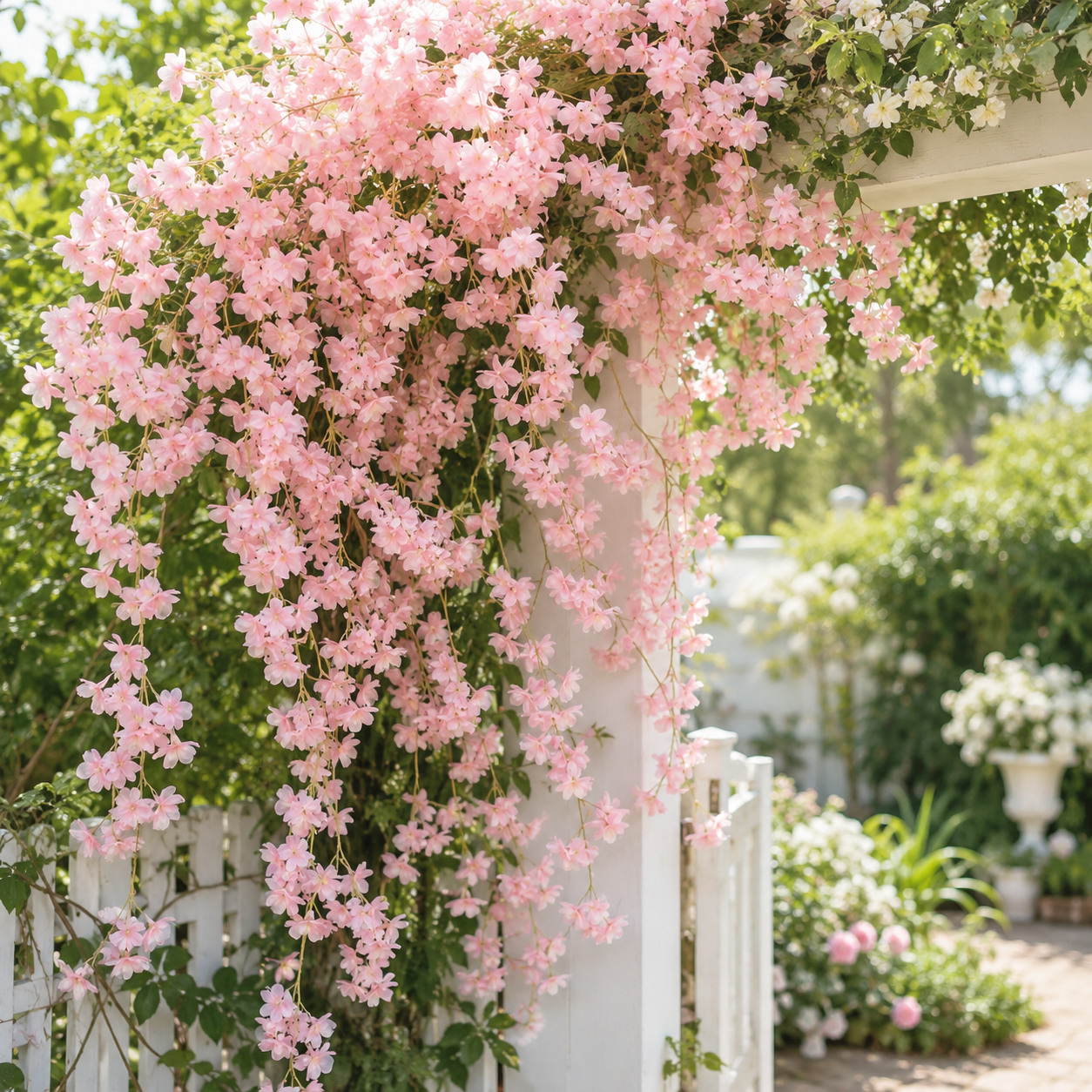 Artificial Pink Hanging Cherry Blossom Garland – 1.8m, 135 Flowers | Wedding, Balcony, Staircase, Room Decoration
