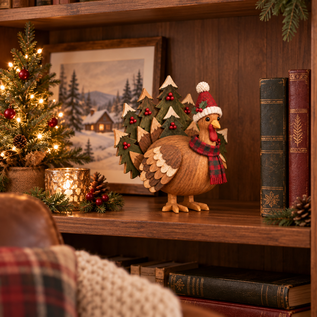 Rustic Wooden Christmas Turkey Figurine with Santa Hat🦃🎄