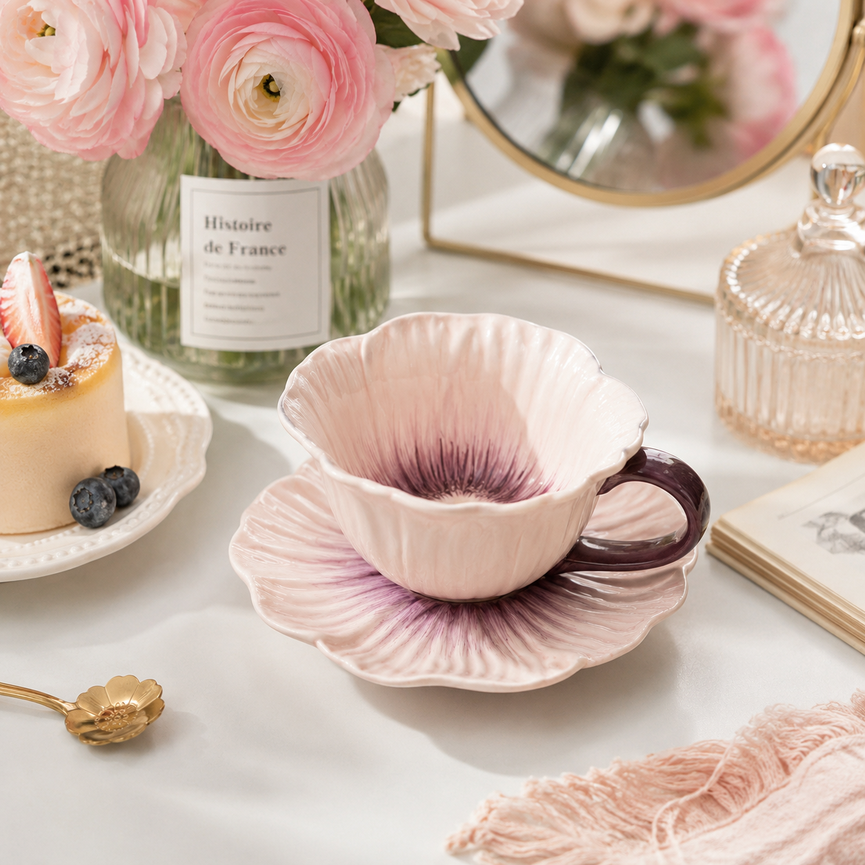 Poppy Flower Shaped Ceramic Coffee Cup and Saucer Set, 10 oz Floral Tea Cup with Matching Plate, Handmade Style Flower Mug for Coffee, Tea, Latte, Cappuccino, Home Decor and Gift