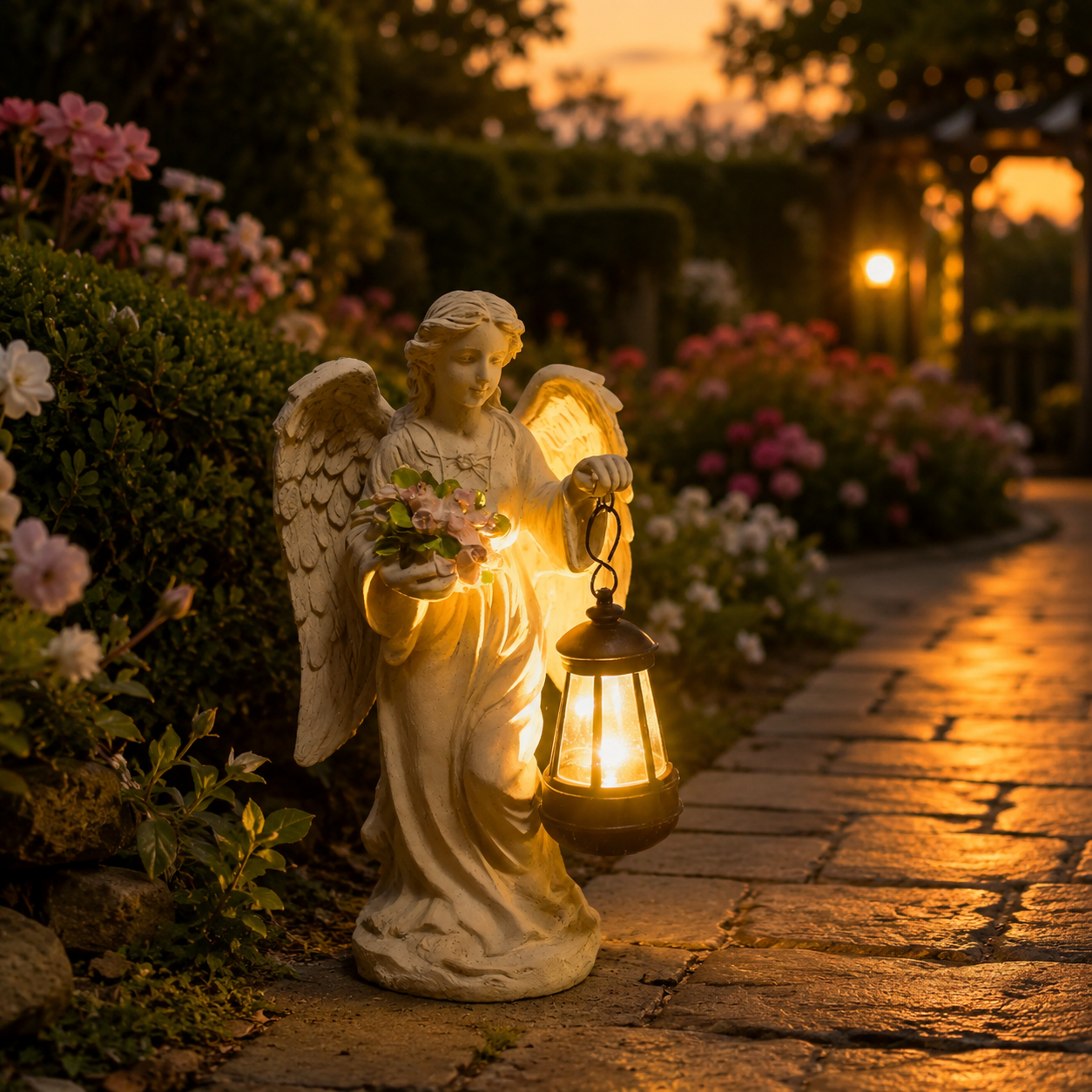 Lighted Angel Garden Statue with Lantern, Outdoor Angel Figurine Decor, Memorial Solar-Style Garden Ornament for Patio, Yard, Pathway and Home Decoration