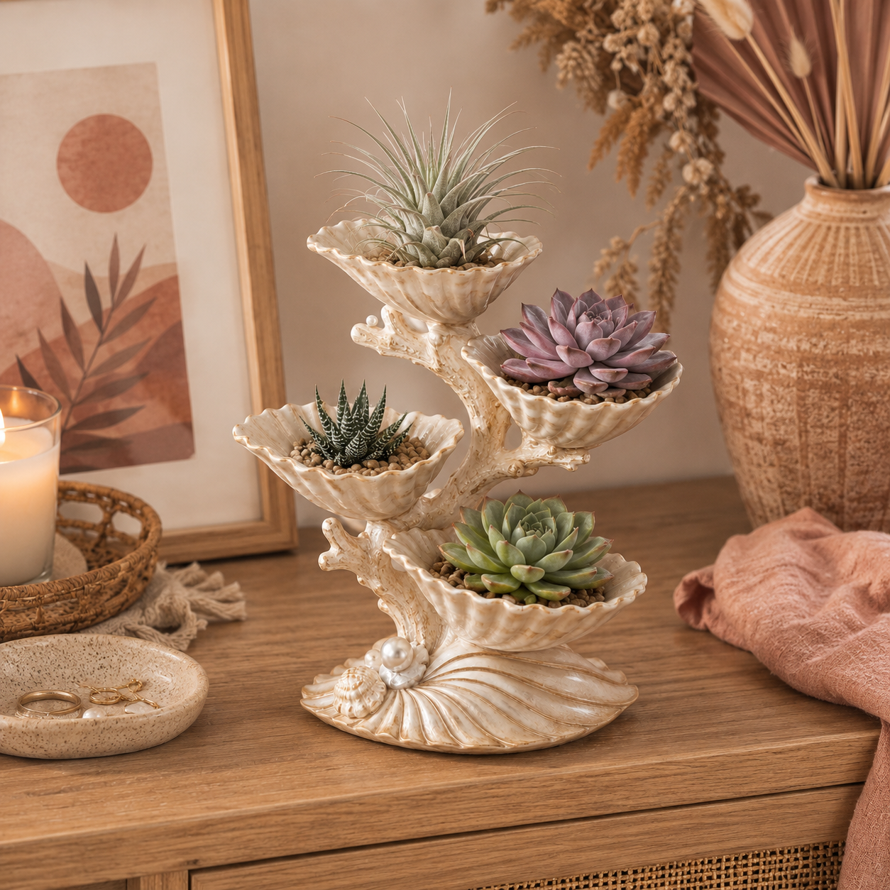 4-Tier Pearl Seashell Succulent Planter – Coastal Resin Tabletop Plant Display 🌿