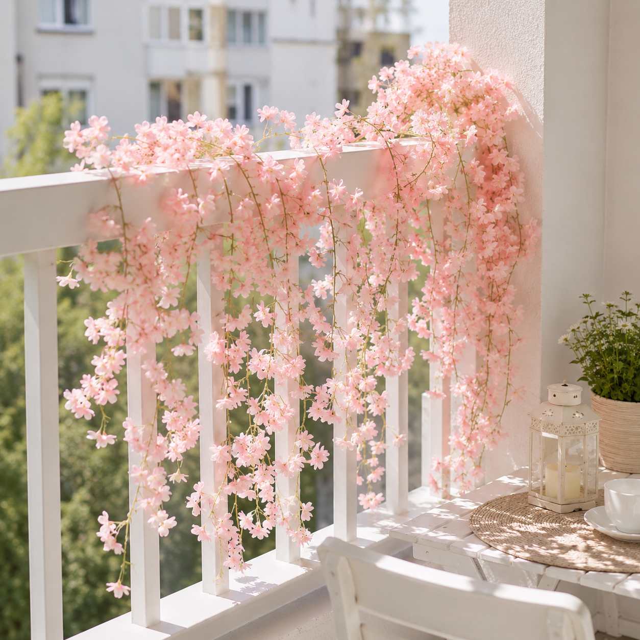 Artificial Pink Hanging Cherry Blossom Garland – 1.8m, 135 Flowers | Wedding, Balcony, Staircase, Room Decoration