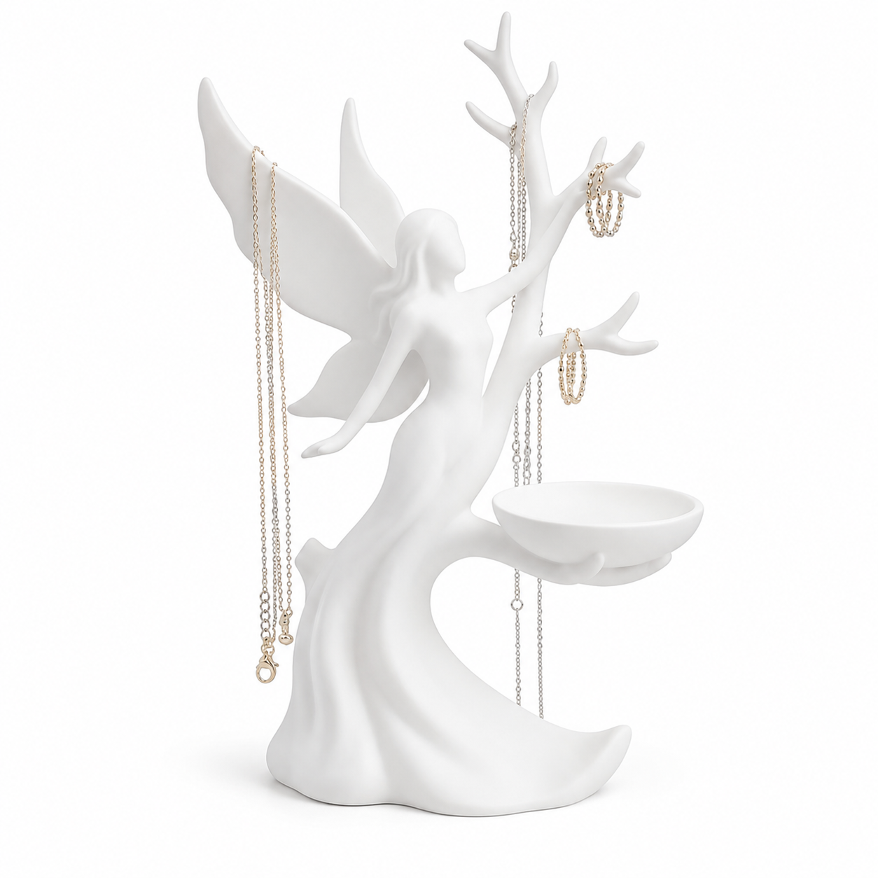 Angel Jewelry Holder Stand, Decorative Jewelry Organizer Tree with Tray for Necklaces, Rings, Earrings and Bracelets, Vanity Dresser Display for Women and Girls