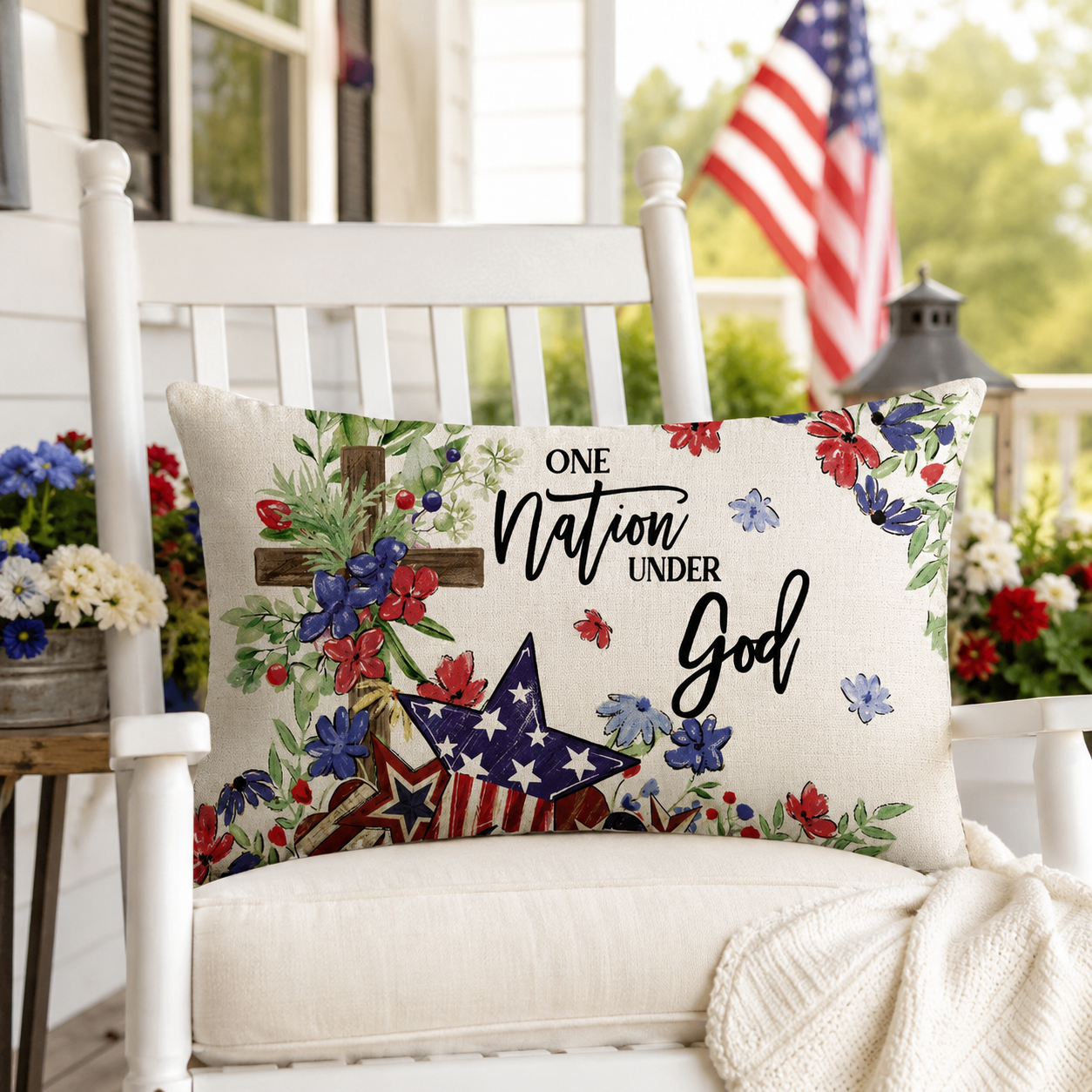 “Patriotic 4th of July Decorative Throw Pillow – Set of 2, ‘One Nation Under God’ Red, White & Blue Stars & Floral Accent for Home, Couch, Bedroom & Holiday Decor”