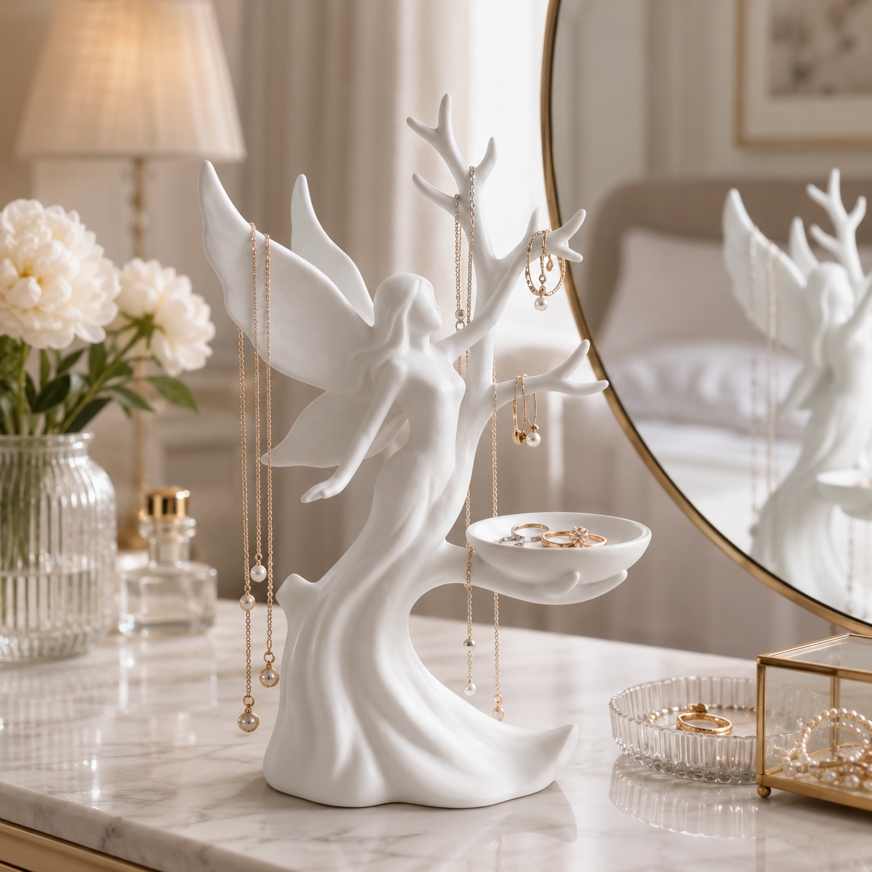 Angel Jewelry Holder Stand, Decorative Jewelry Organizer Tree with Tray for Necklaces, Rings, Earrings and Bracelets, Vanity Dresser Display for Women and Girls