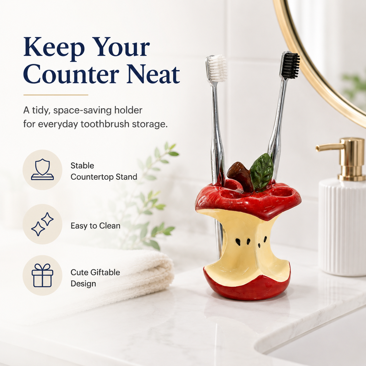 Apple Toothbrush Holder | Ceramic Apple Bathroom Organizer