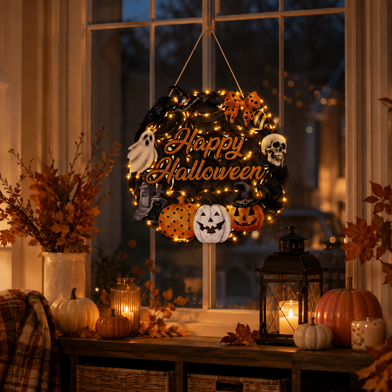 Lighted Happy Halloween Wooden Door Sign for Spooky Holiday Decor 🎃✨