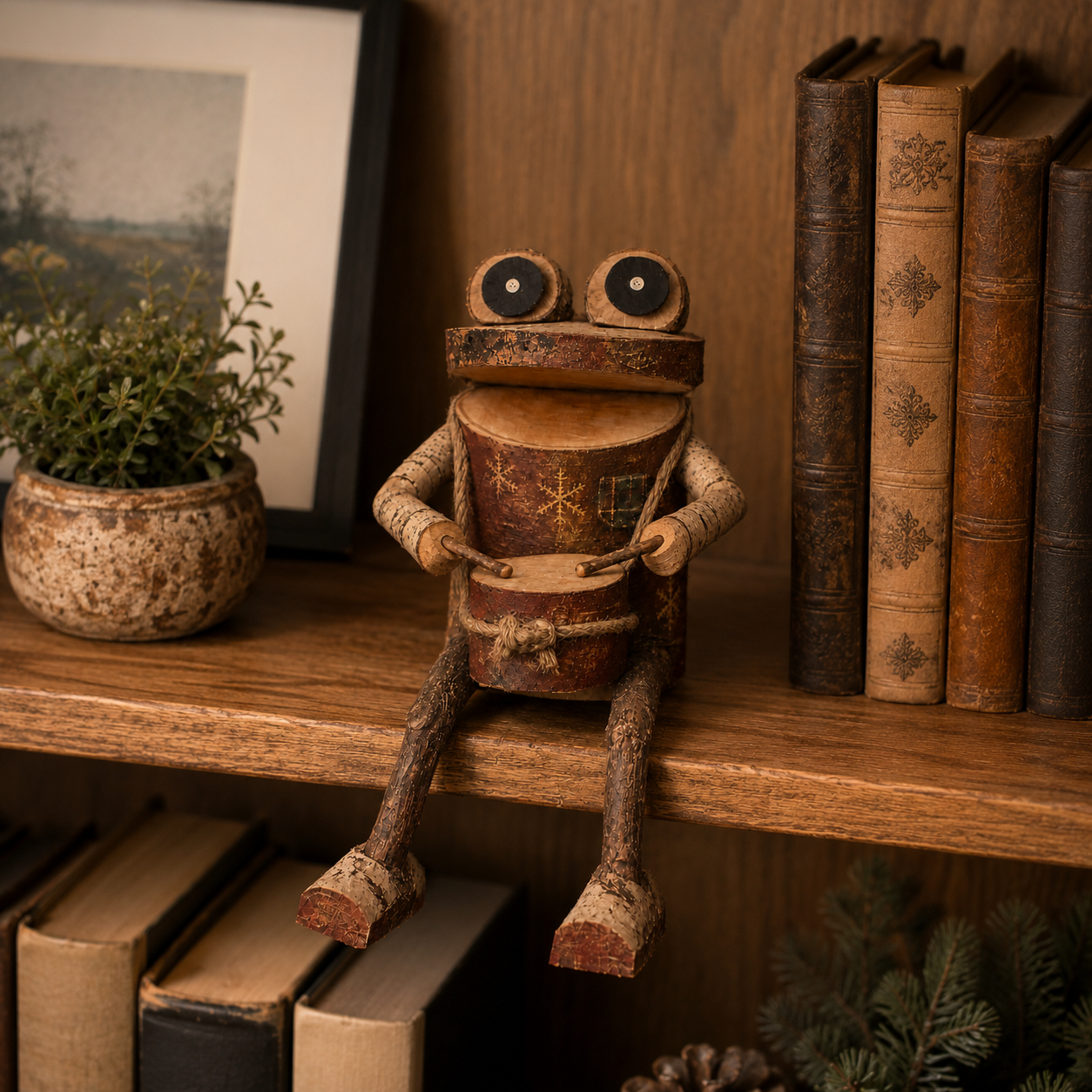 🐸 Rustic Wooden Frog Drummer Figurine