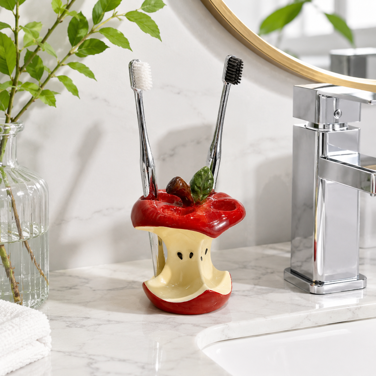 Apple Toothbrush Holder | Ceramic Apple Bathroom Organizer