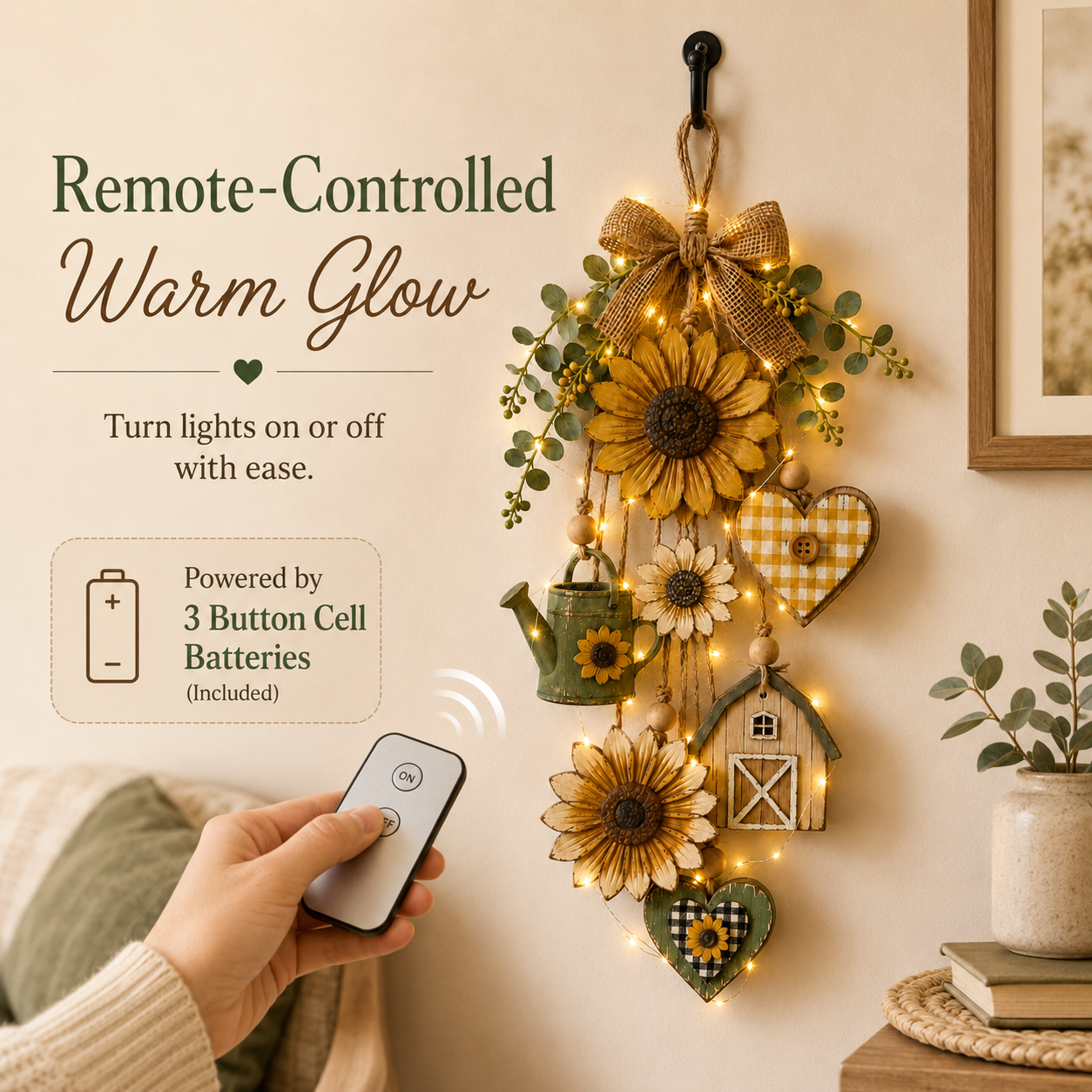 Rustic Wooden Garden-Themed Hanging Ornament with Remote Control Fairy Lights