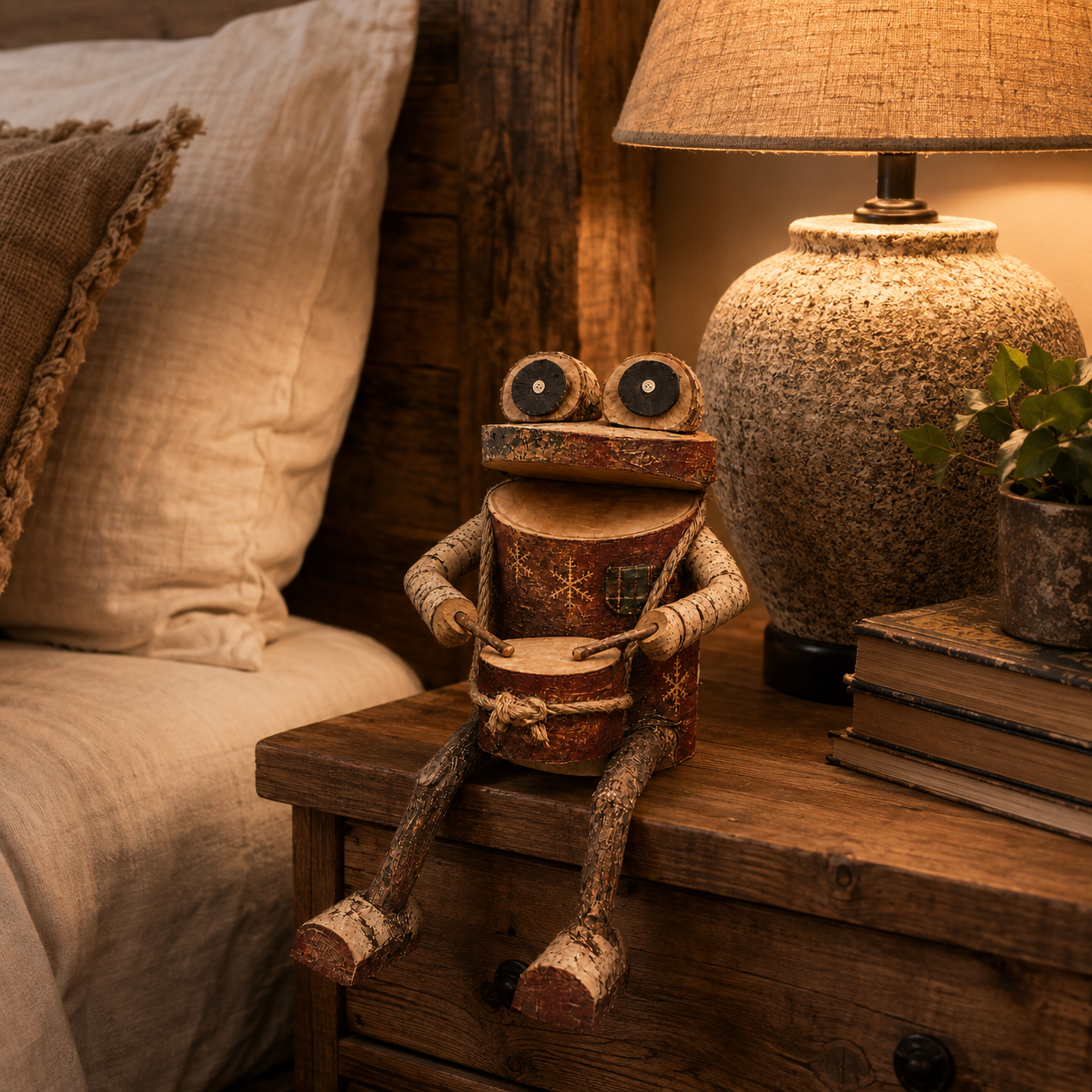 🐸 Rustic Wooden Frog Drummer Figurine