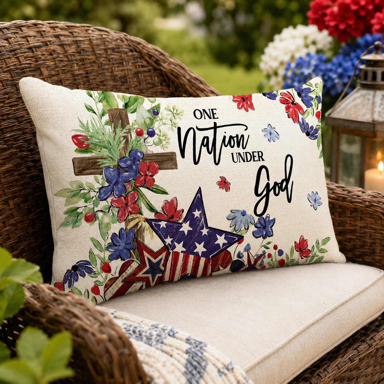 “Patriotic 4th of July Decorative Throw Pillow – Set of 2, ‘One Nation Under God’ Red, White & Blue Stars & Floral Accent for Home, Couch, Bedroom & Holiday Decor”