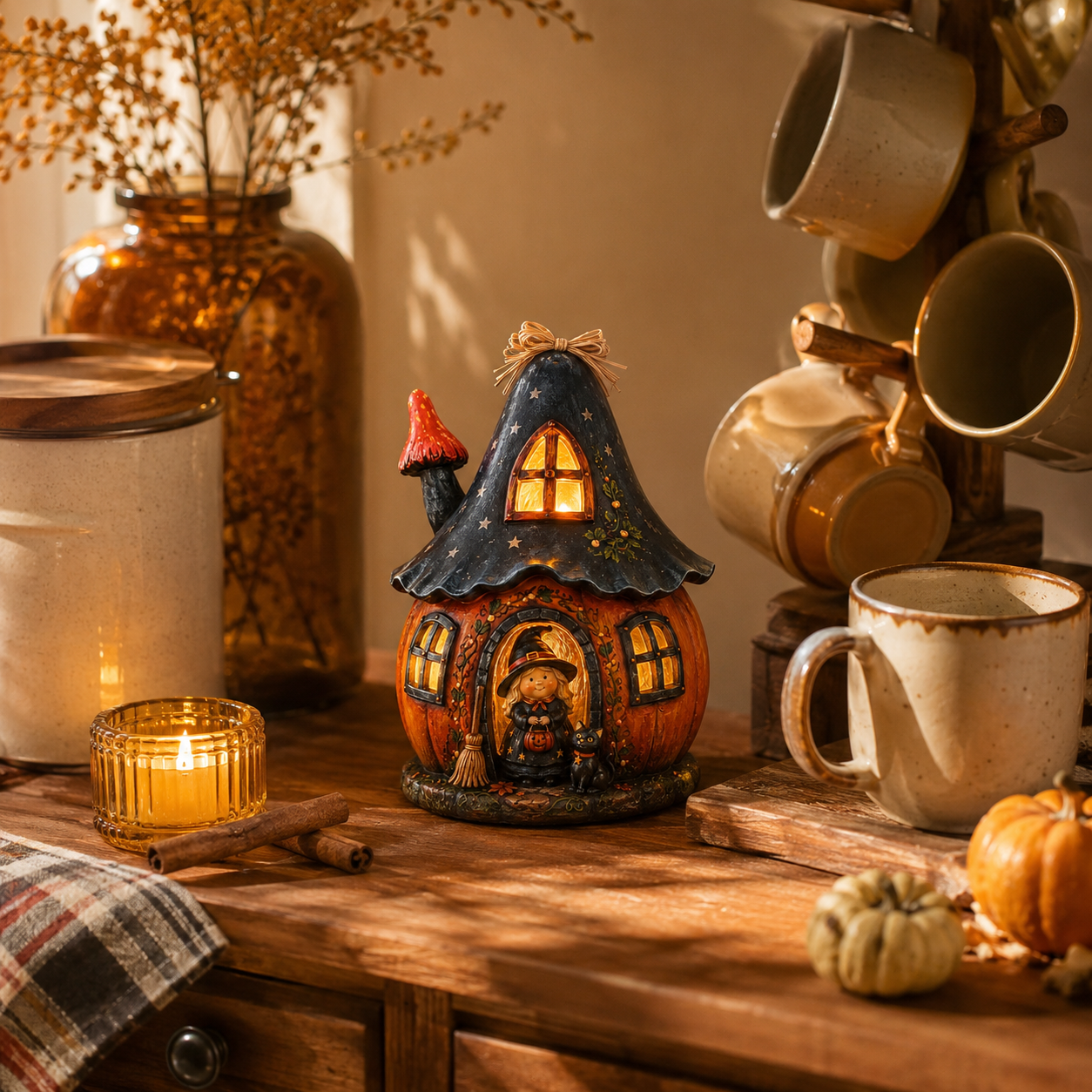 Lighted Witch Pumpkin House Resin Figurine – Remote-Controlled Halloween Tabletop Décor ✨