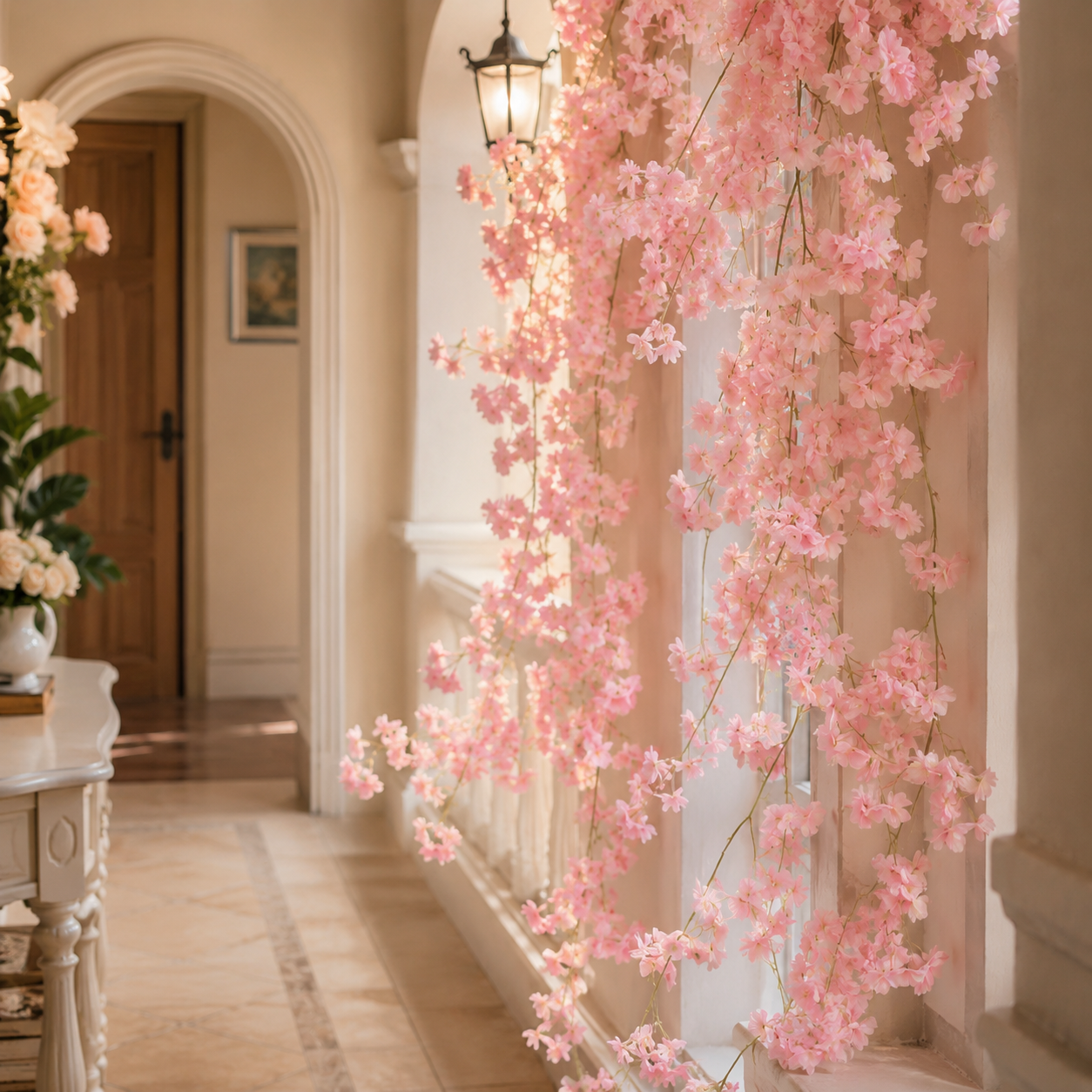 Artificial Pink Hanging Cherry Blossom Garland – 1.8m, 135 Flowers | Wedding, Balcony, Staircase, Room Decoration