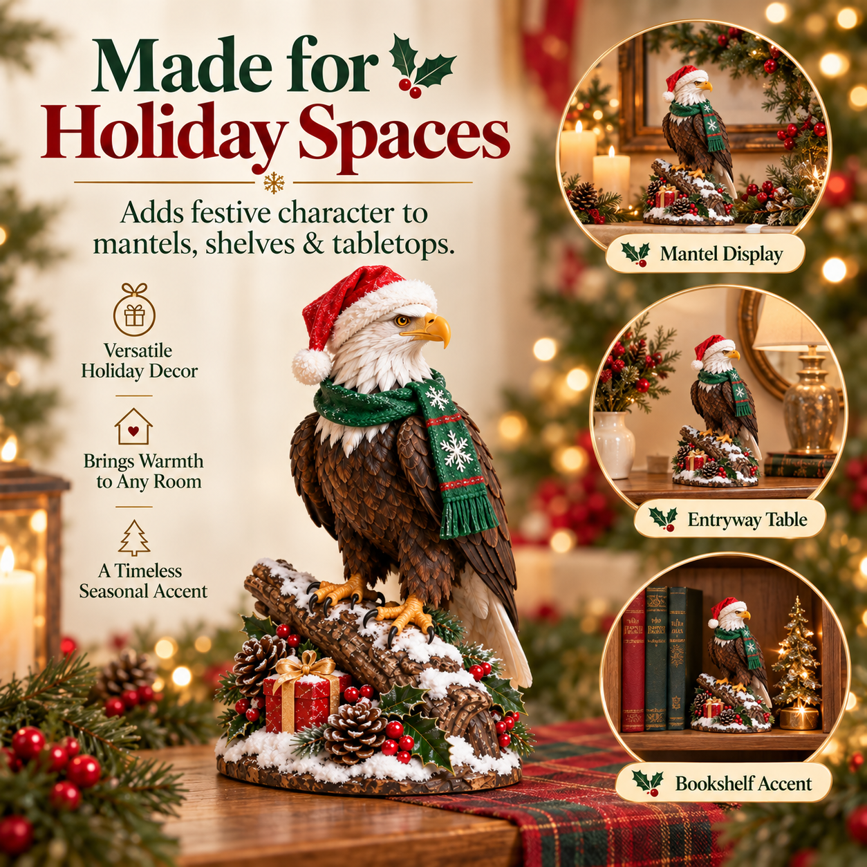 Christmas Bald Eagle Figurine with Santa Hat & Scarf🦅🎄