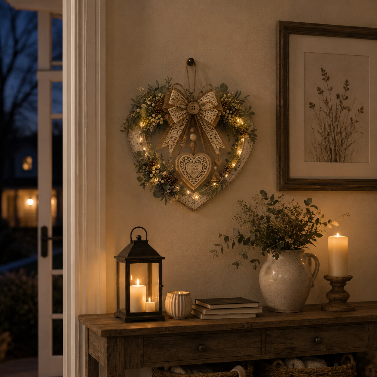 Lighted Rustic Heart-Shaped Door Wreath – Farmhouse Eucalyptus Home Décor 💚✨