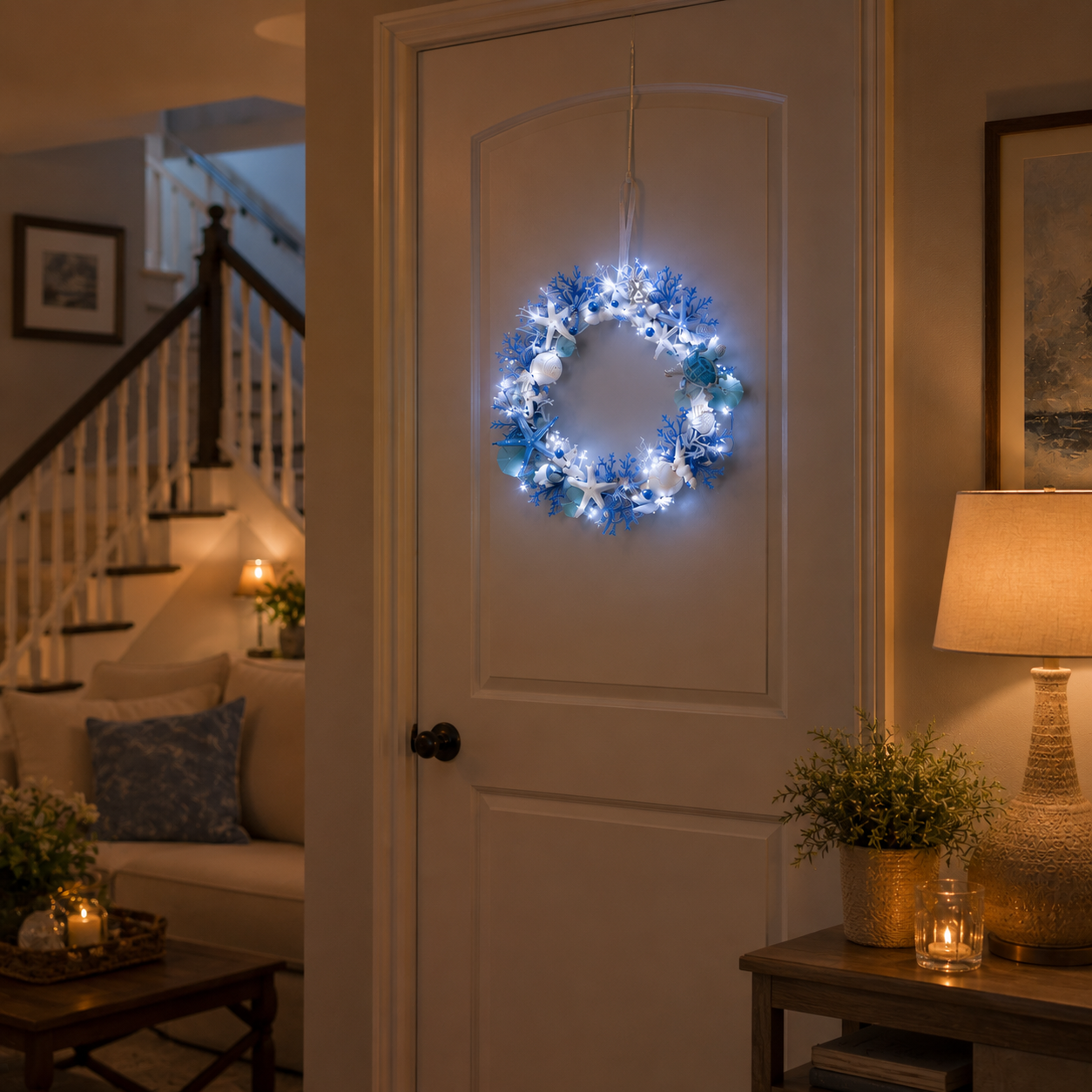 Ocean Breeze Coastal Wreath with LED Lights – Blue Sea Turtle & Seashell Resin Door Hanging Decor 🐢✨