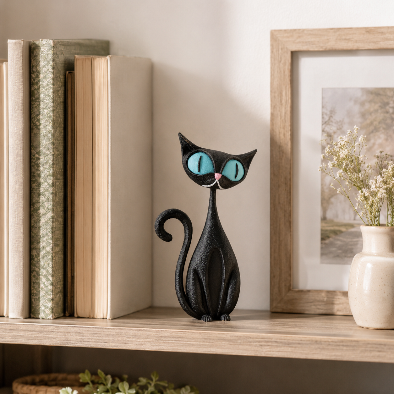 Whimsical Big-Eyed Black Cat Resin Figurine 🐈‍⬛✨