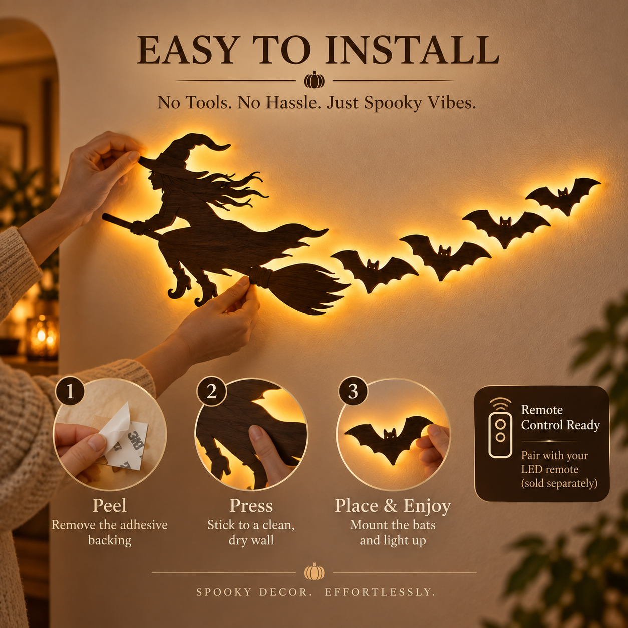 🎃 5-Piece Halloween Lighted Wall Decor Set – Flying Witch & Bats with Remote Control