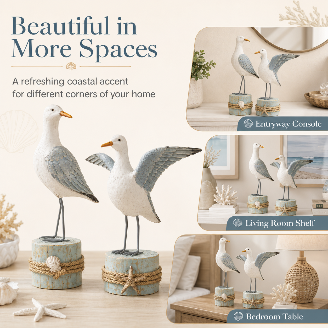 🌊 Set of 2 Seagull Figurines – Coastal Resin Bird Decor with Beach-Inspired Details for Tabletop Home Accents