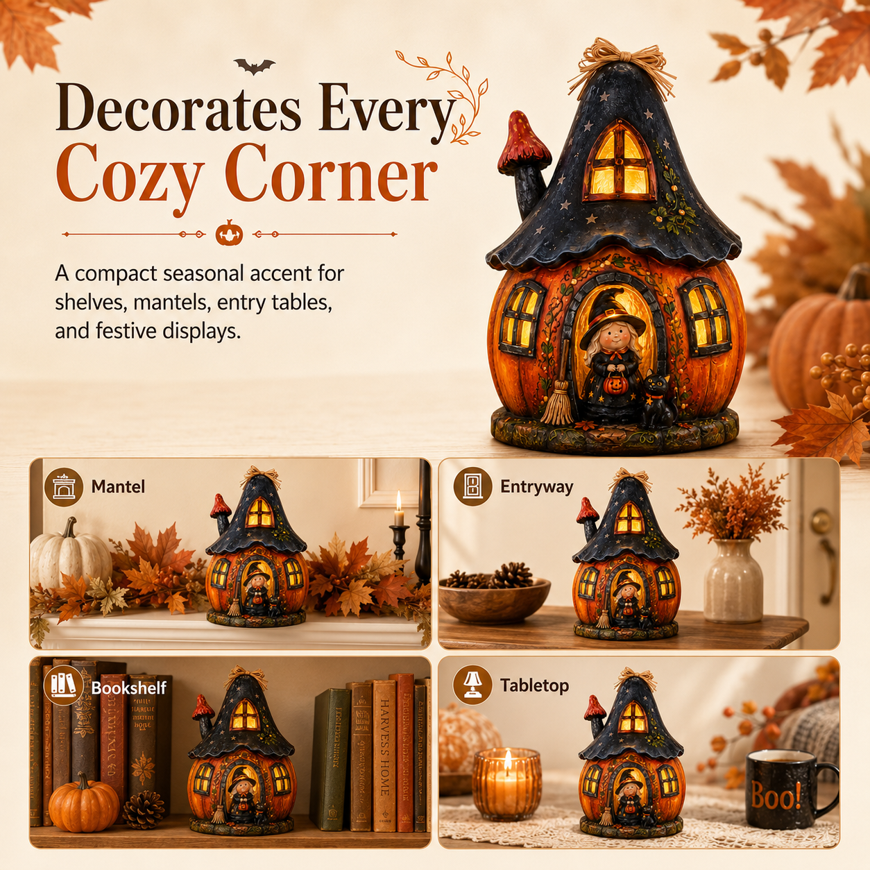 Lighted Witch Pumpkin House Resin Figurine – Remote-Controlled Halloween Tabletop Décor ✨