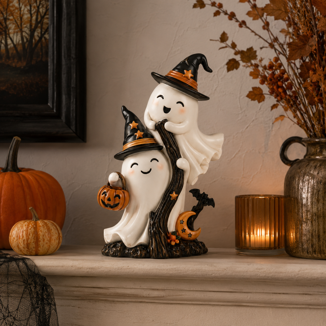 Cute Double Ghost Halloween Resin Figurine with Witch Hats and Pumpkin Bucket 🧙‍♀️✨