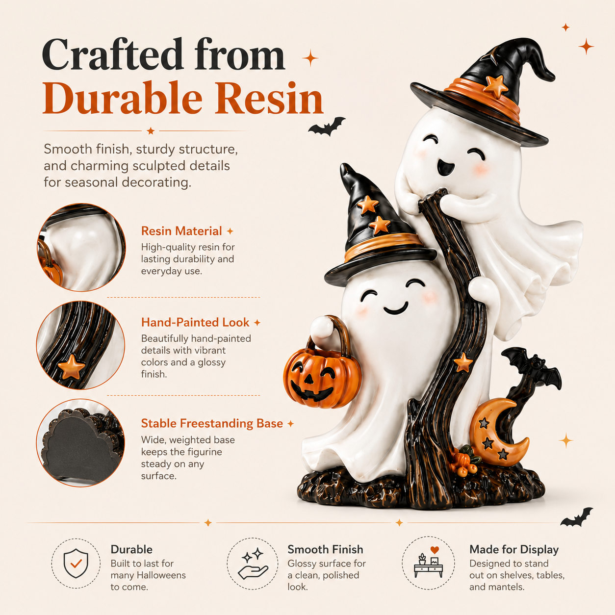 Cute Double Ghost Halloween Resin Figurine with Witch Hats and Pumpkin Bucket 🧙‍♀️✨