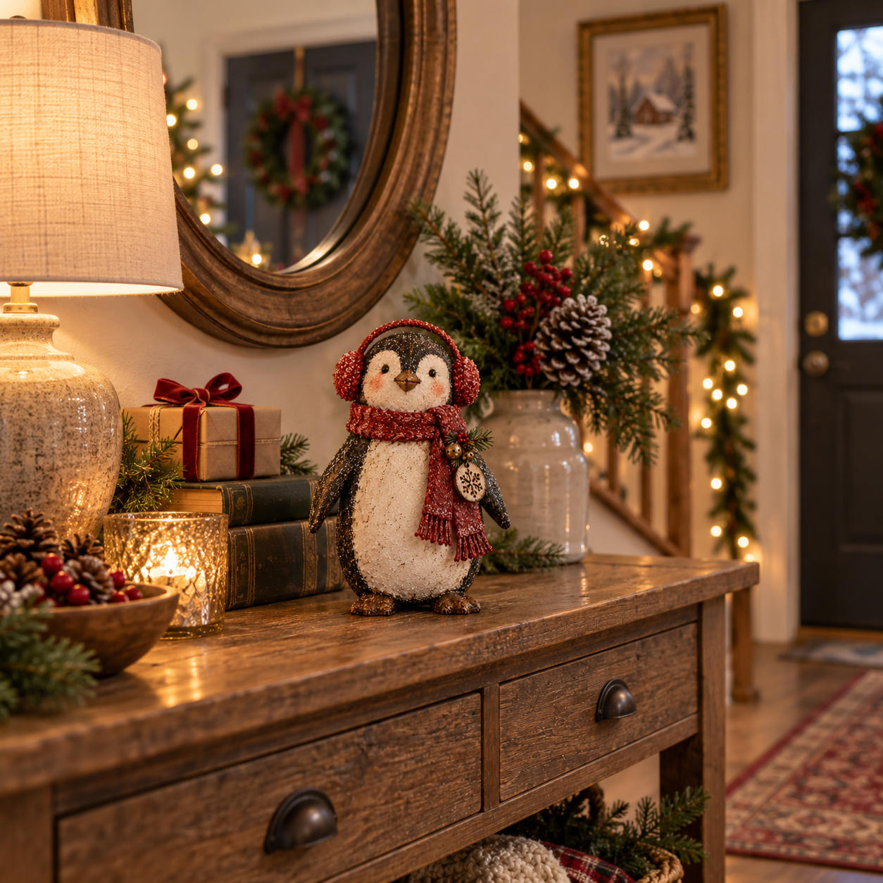 Christmas Penguin Figurine with Red Scarf & Earmuffs 