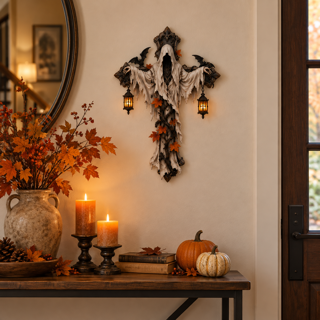 Lighted Halloween Ghost Cross Wall Decor