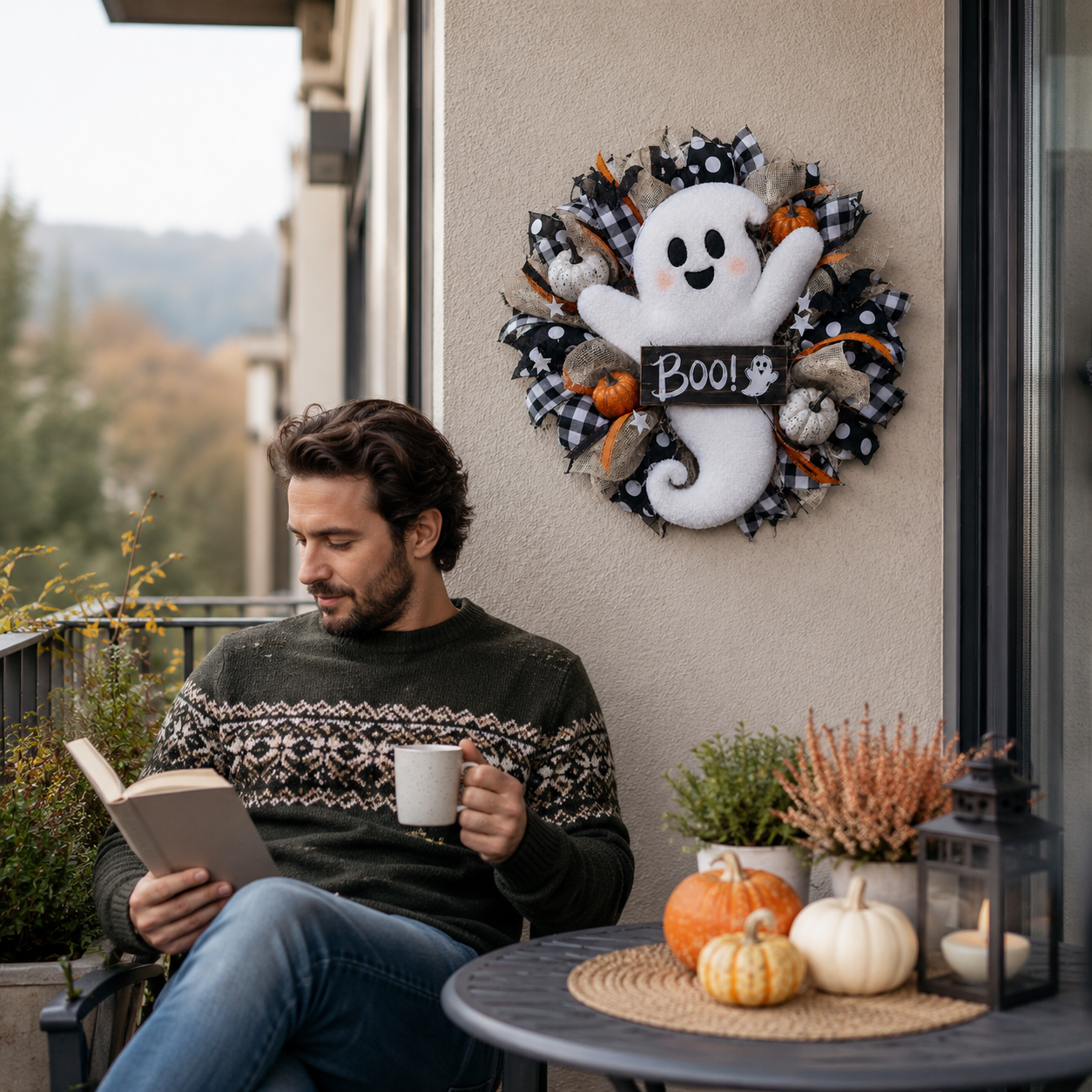 Lighted Halloween Ghost Wreath – 15.7-Inch Remote-Controlled Front Door Decoration 👻