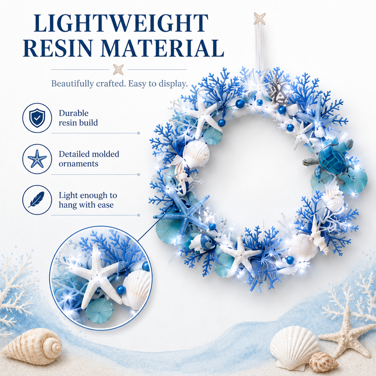 Ocean Breeze Coastal Wreath with LED Lights – Blue Sea Turtle & Seashell Resin Door Hanging Decor 🐢✨
