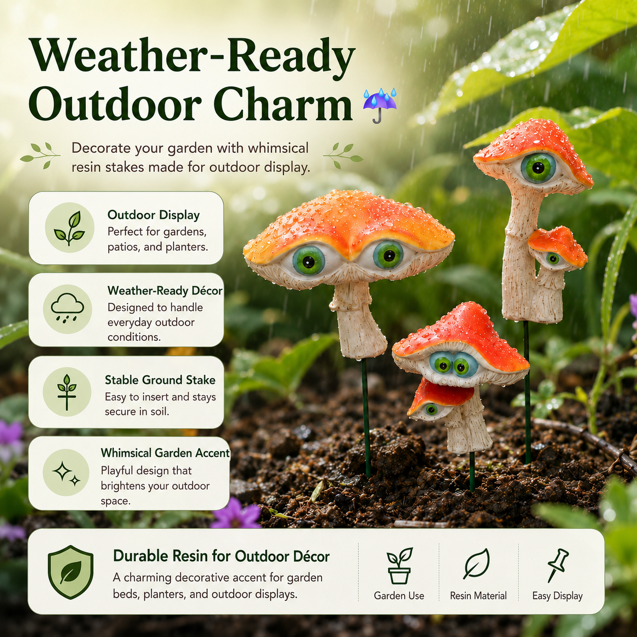 3-Piece Big-Eyed Mushroom Resin Garden Stakes – Whimsical Fairy Garden Decorations