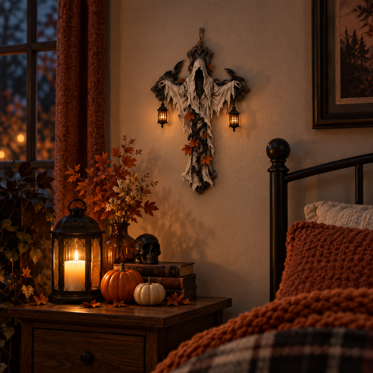 Lighted Halloween Ghost Cross Wall Decor