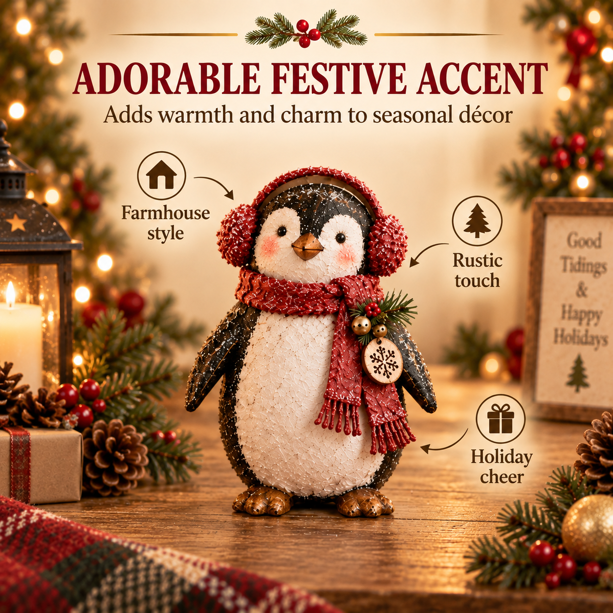 Christmas Penguin Figurine with Red Scarf & Earmuffs 
