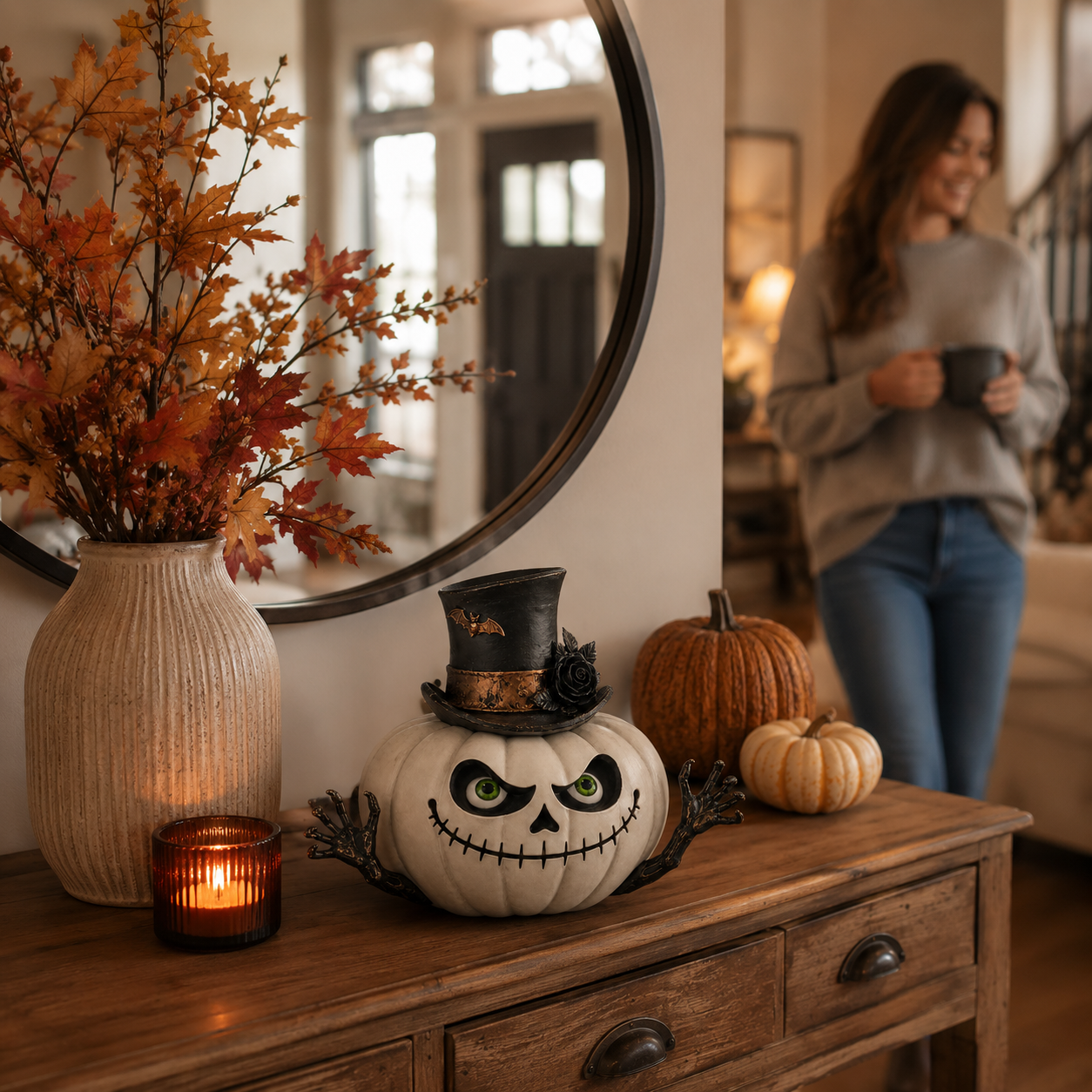 Gothic Top Hat Skull Pumpkin Resin Figurine – Halloween Tabletop Decoration 🦇