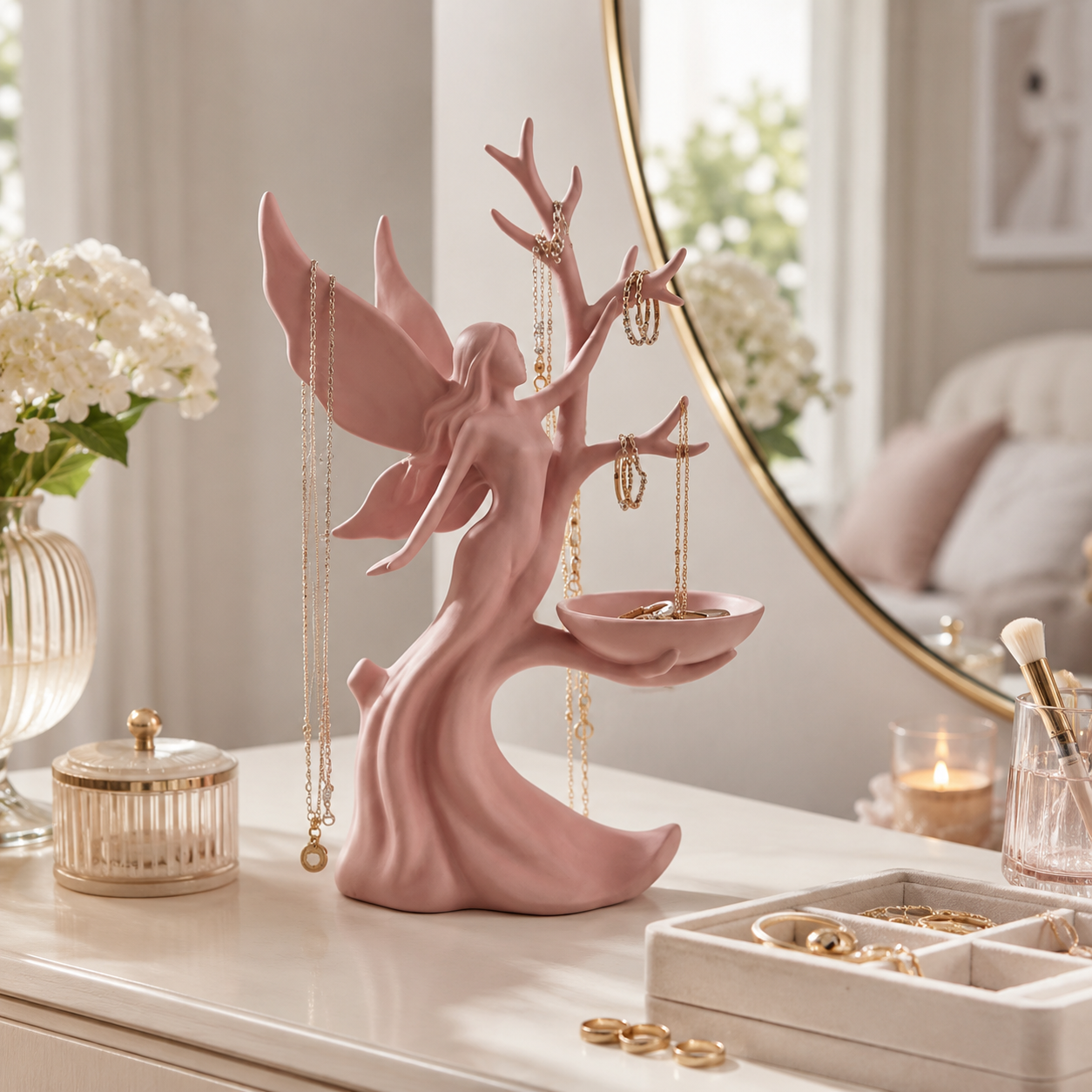 Angel Jewelry Holder Stand, Decorative Jewelry Organizer Tree with Tray for Necklaces, Rings, Earrings and Bracelets, Vanity Dresser Display for Women and Girls