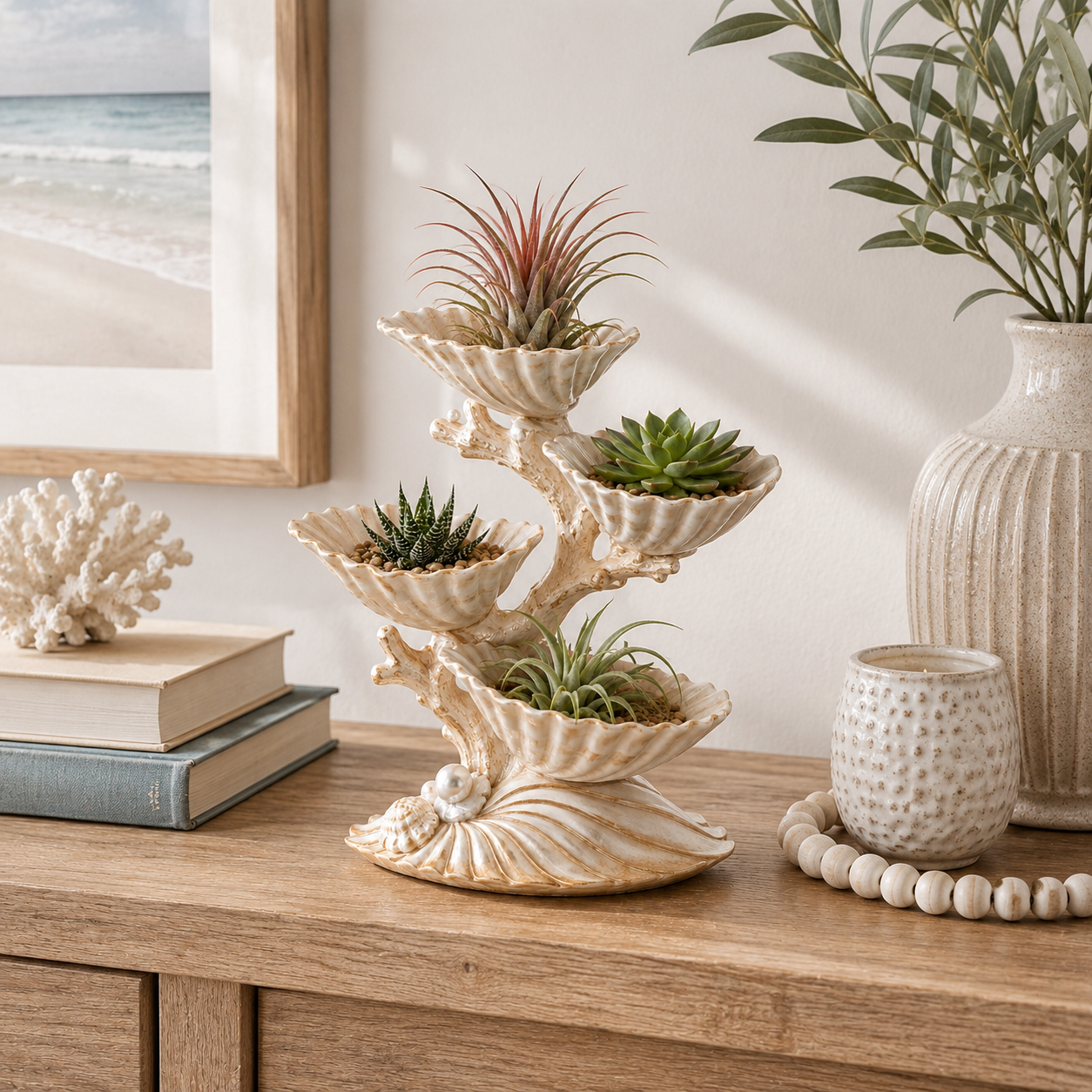 4-Tier Pearl Seashell Succulent Planter – Coastal Resin Tabletop Plant Display 🌿