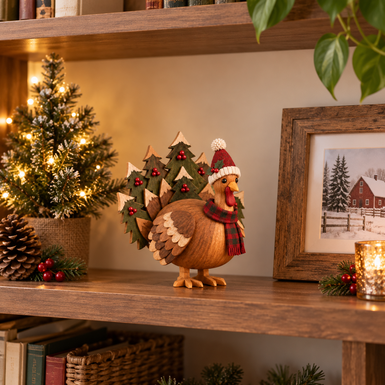 Rustic Wooden Christmas Turkey Figurine with Santa Hat🦃🎄