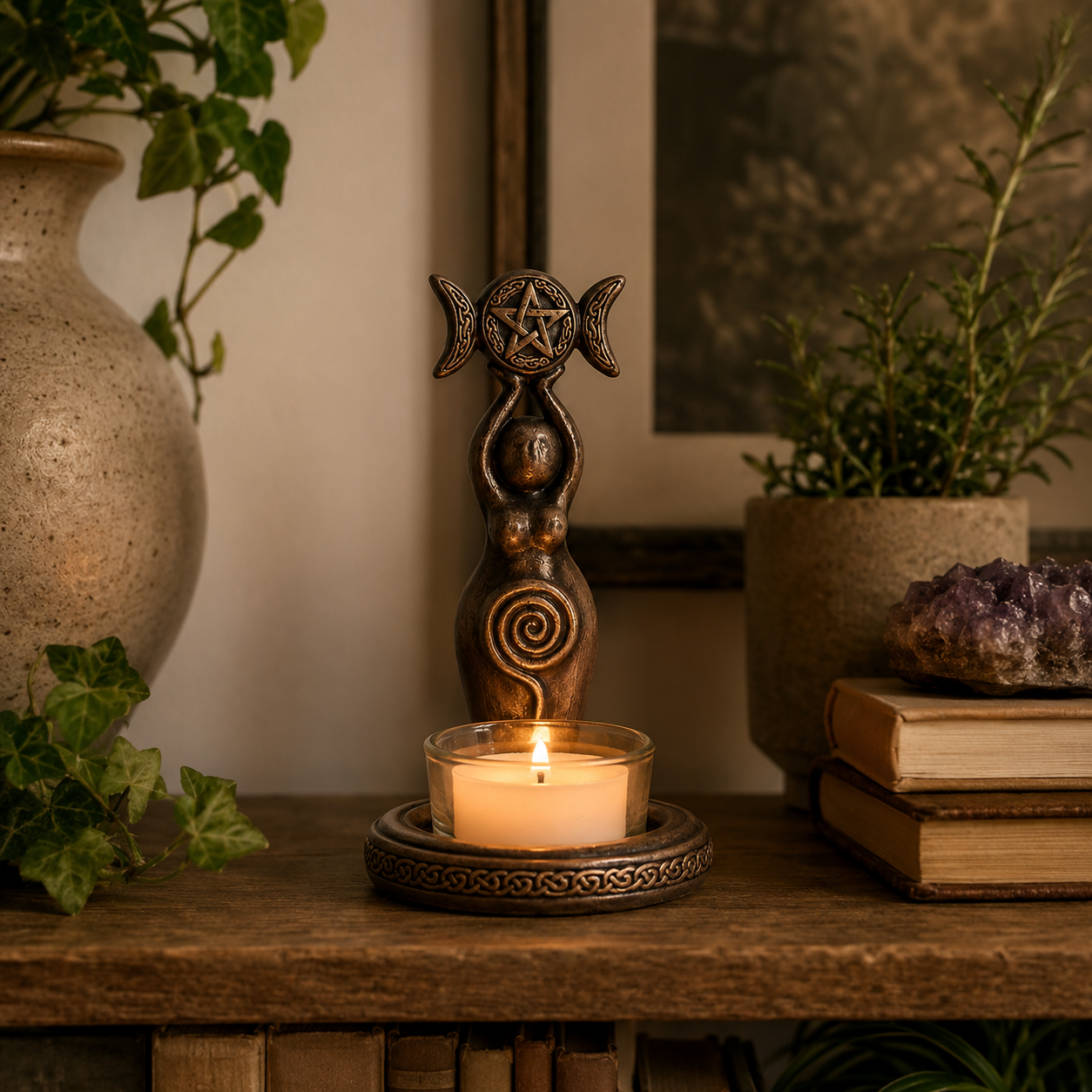 Triple Moon Tealight Candle Holder, Celestial Moon Candle Holder with Pentacle Design, Vintage Bronze Candle Decor for Meditation, Rituals, Home and Spiritual Room Decoration