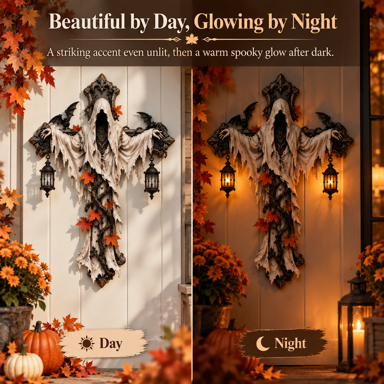 Lighted Halloween Ghost Cross Wall Decor