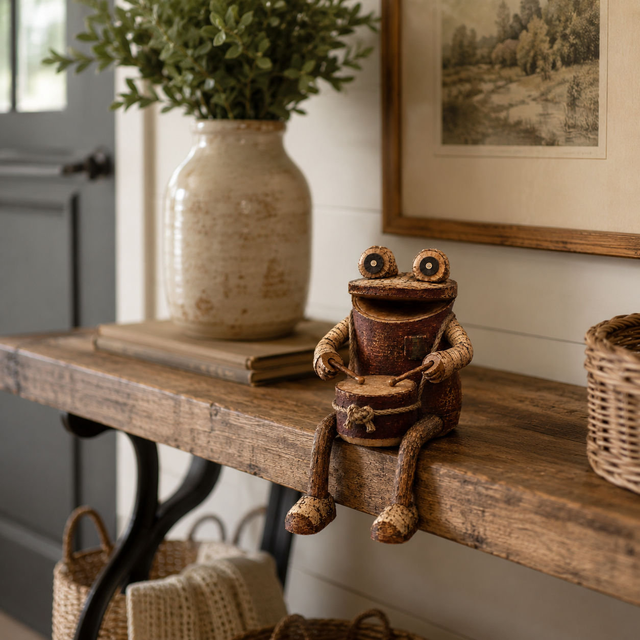 🐸 Rustic Wooden Frog Drummer Figurine