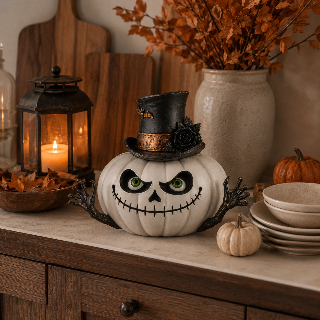 Gothic Top Hat Skull Pumpkin Resin Figurine – Halloween Tabletop Decoration 🦇