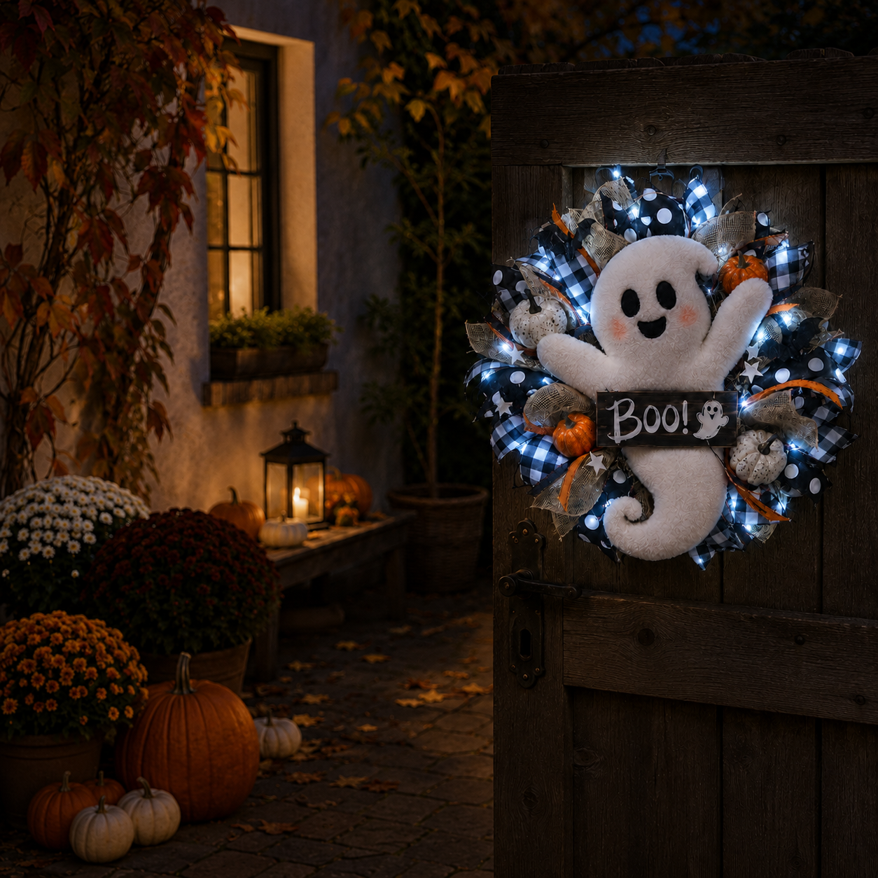 Lighted Halloween Ghost Wreath – 15.7-Inch Remote-Controlled Front Door Decoration 👻