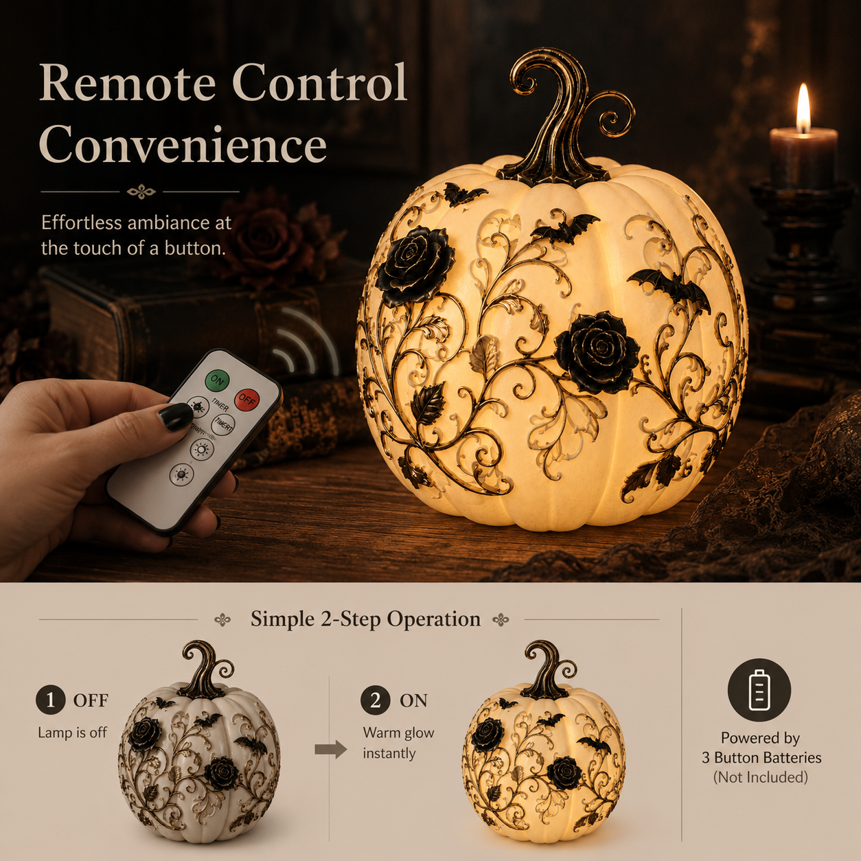 Gothic Rose Pumpkin Light – Remote-Controlled Halloween Resin Tabletop Décor 🦇