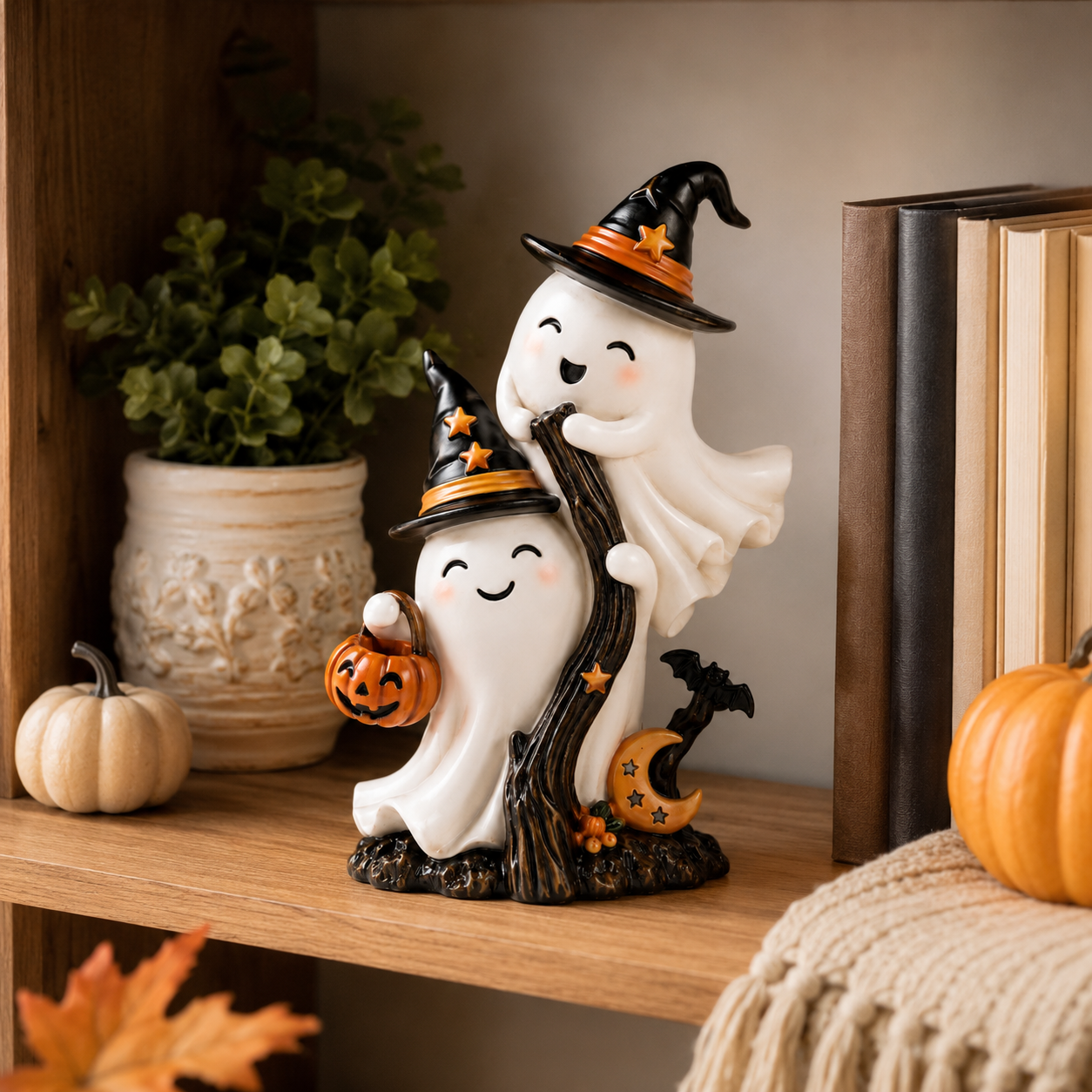 Cute Double Ghost Halloween Resin Figurine with Witch Hats and Pumpkin Bucket 🧙‍♀️✨