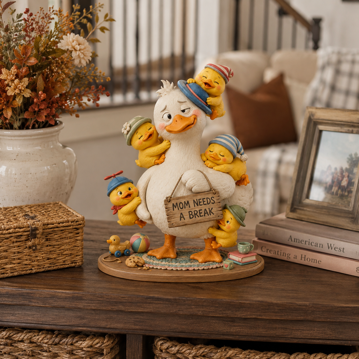 “Mom Needs a Break” Mama Duck & Five Ducklings Resin Figurine – Funny Family Tabletop Decor 💛