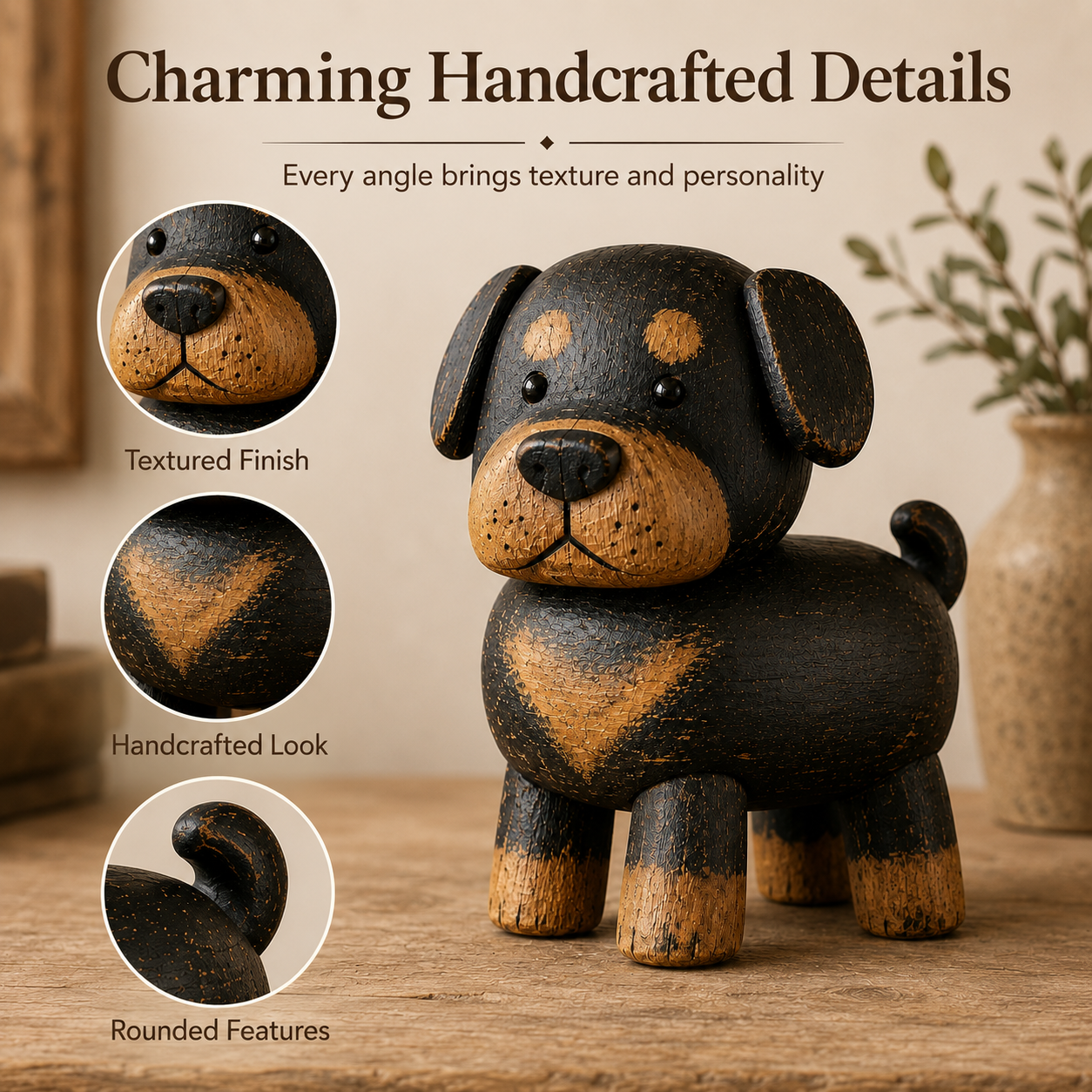 🐾 Rustic Wooden Rottweiler Figurine