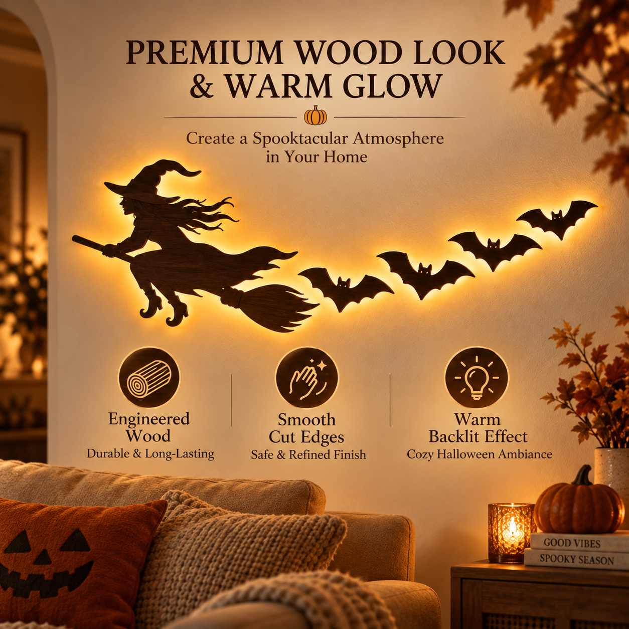 🎃 5-Piece Halloween Lighted Wall Decor Set – Flying Witch & Bats with Remote Control