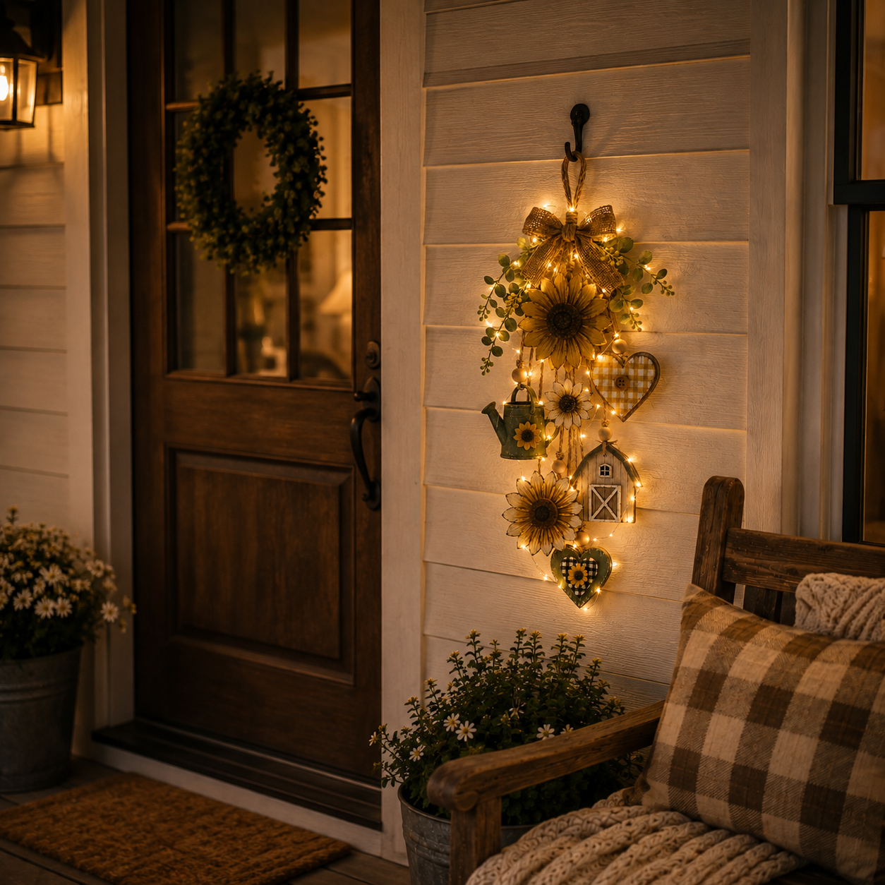 Rustic Wooden Garden-Themed Hanging Ornament with Remote Control Fairy Lights